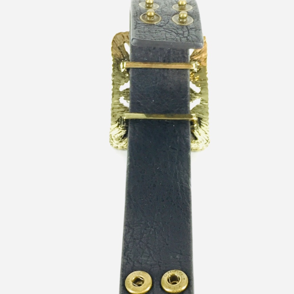 Black Faux Leather Bracelet Antiqued Gold Buckle - Picture 5 of 7